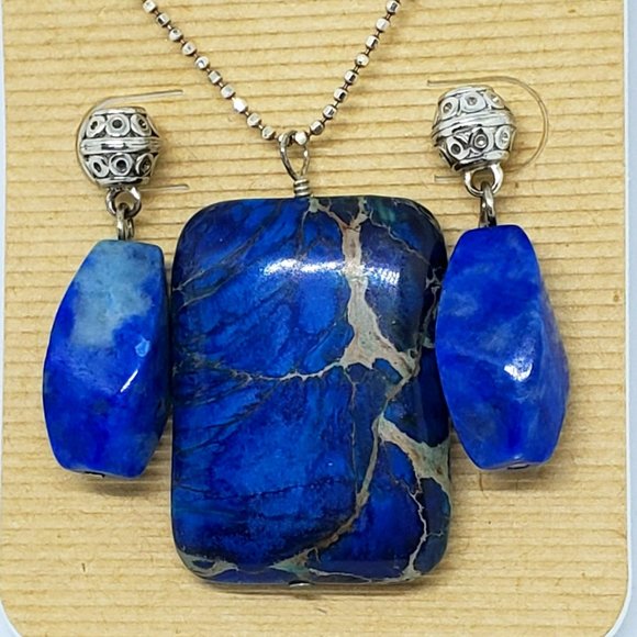 Natural Blue Jasper Stone Sterling Silver Dangle Necklace and Earrings Set - Picture 6 of 6
